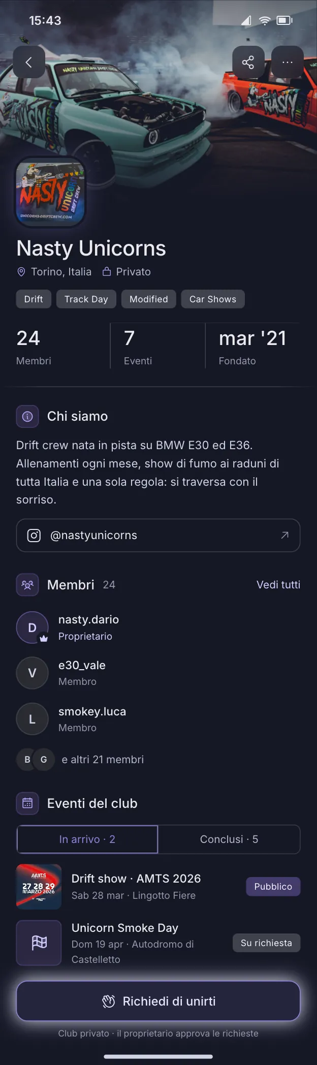 Pagina del car club Nasty Unicorns nell'app Raduno: drift crew di Torino con membri, eventi del club in arrivo e richiesta di iscrizione